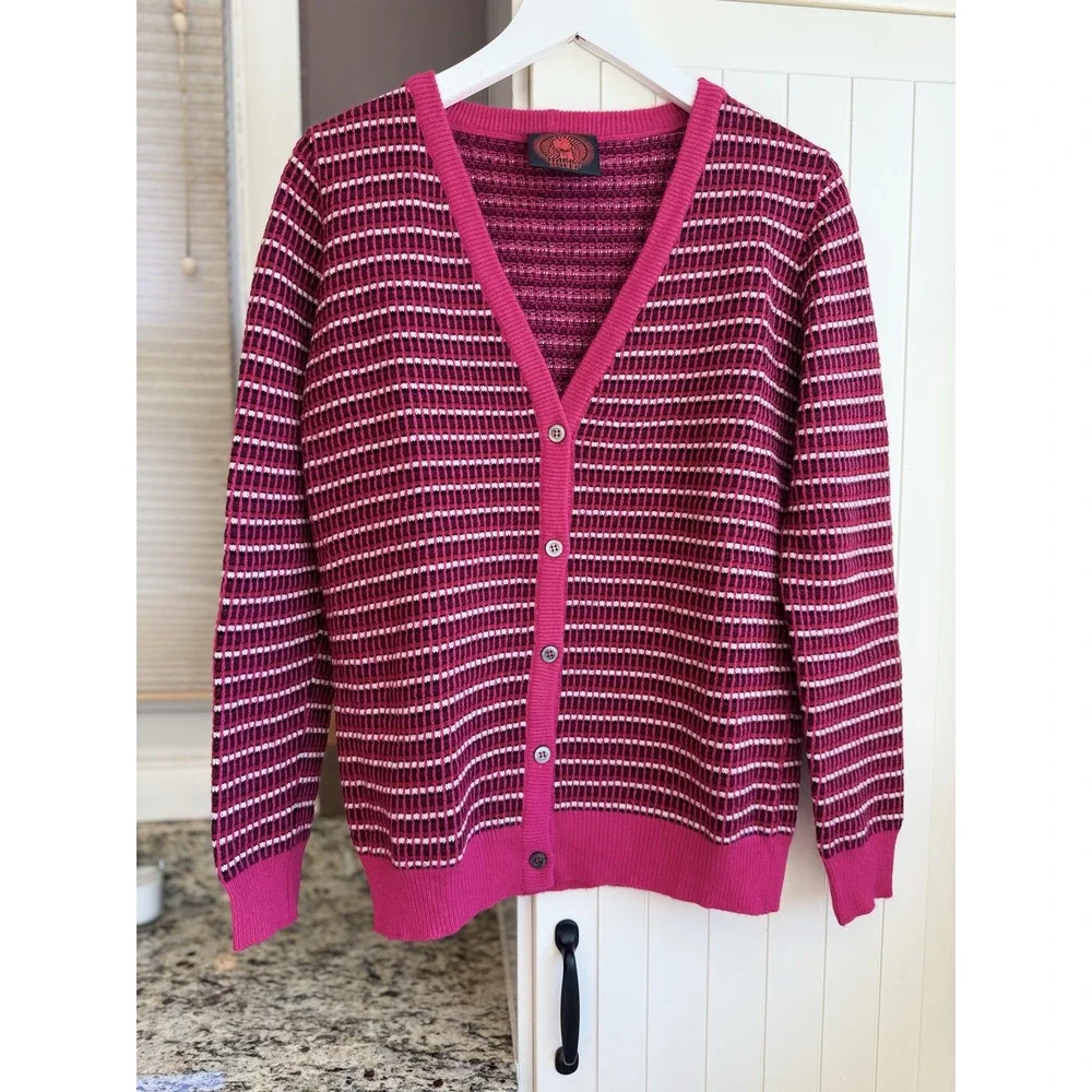 HAPPY SHEEP 100% Cashmere Cardigan Pink Striped V Neck Button Sweater S $398